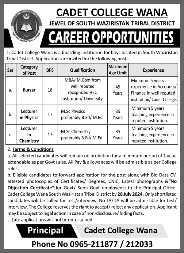 Cadet College Wana Jobs