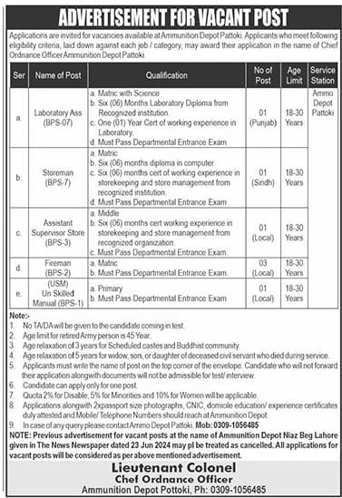 Pakistan Army Civilian Jobs At Ammunition Depot Pattoki
