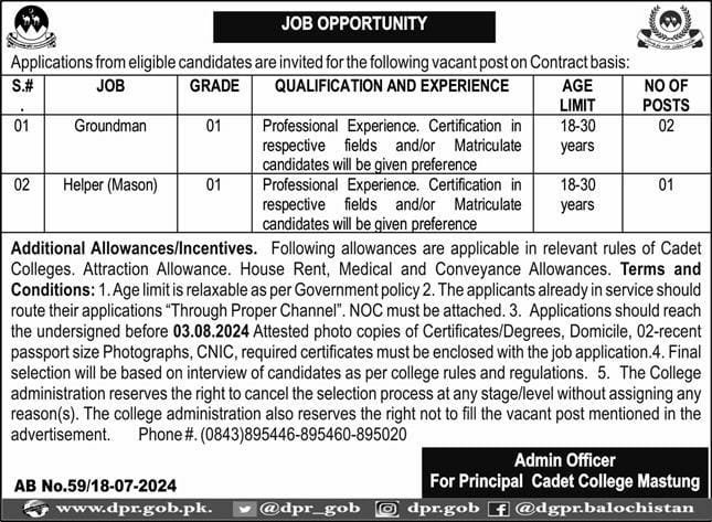 Cadet College Mastung Jobs July 2024