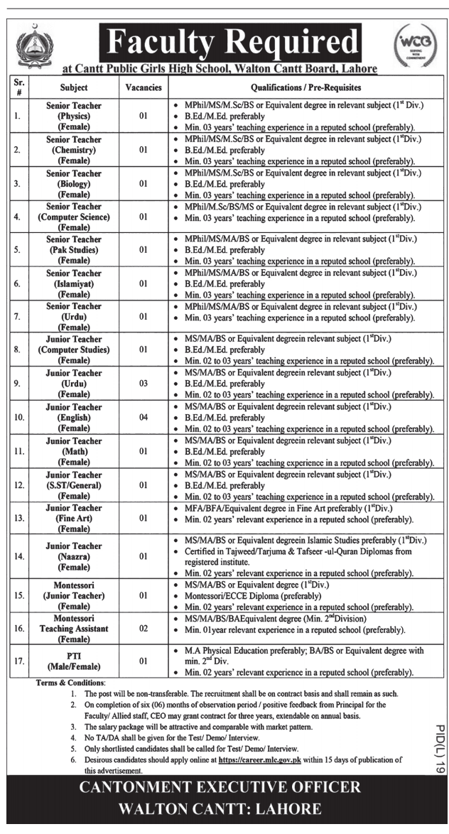 Government Teaching Jobs Lahore Today At Cantt Public School