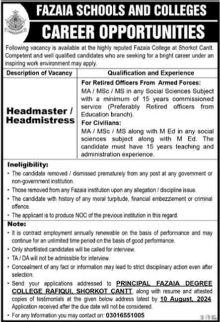 Govt Teaching Jobs In Shorkot Punjab Pakistan For Headmistress