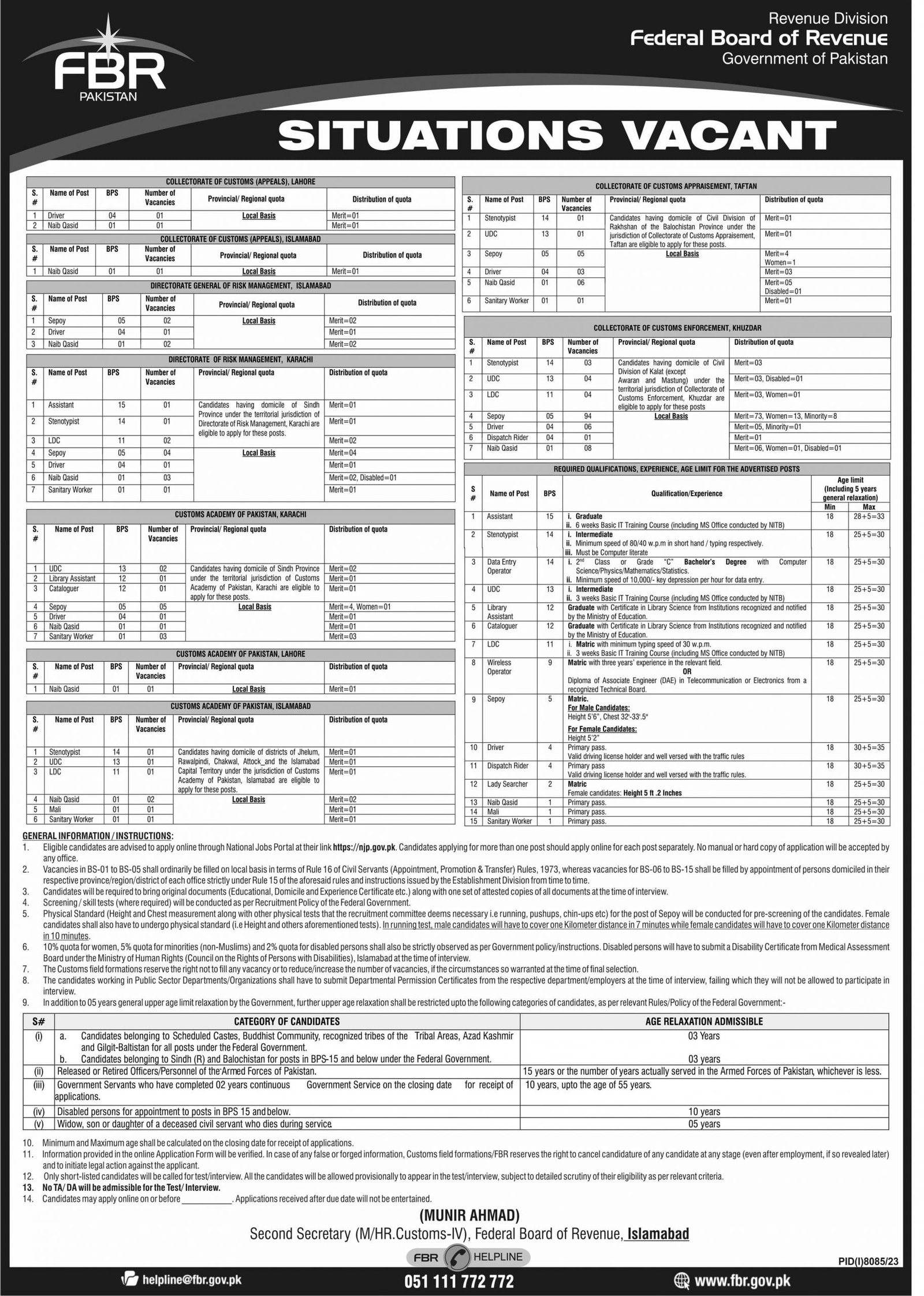 FBR Matric Base Lahore Government Jobs July 2024