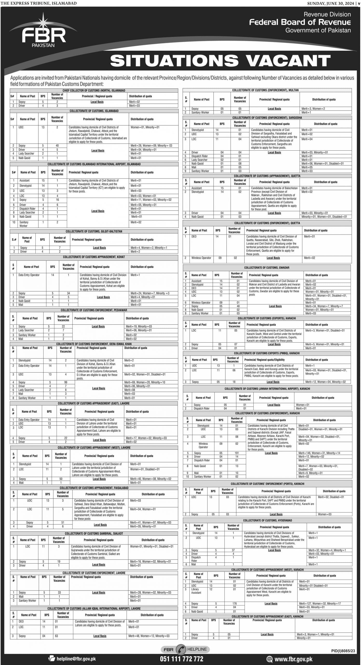 FBR Matric Base Lahore Government Jobs July 2024