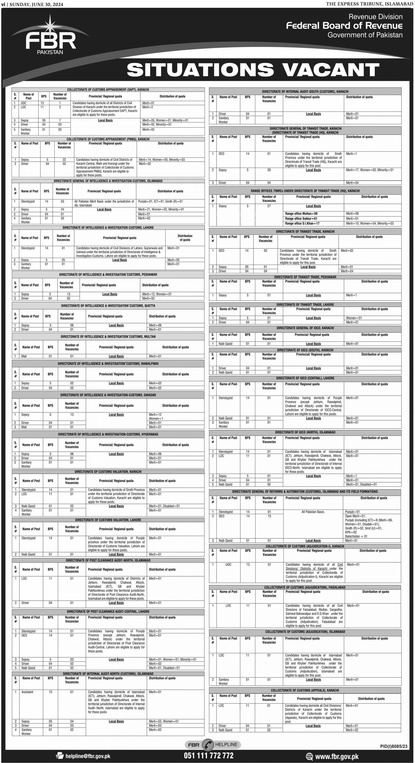 Latest Govt Jobs Karachi Today At Federal Board of Revenue FBR