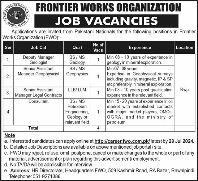 Frontier Works Organization FWO Jobs July 2024