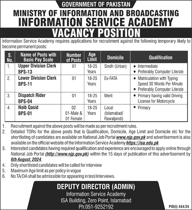 Latest Govt Jobs In Sindh Today At Information Service Academy