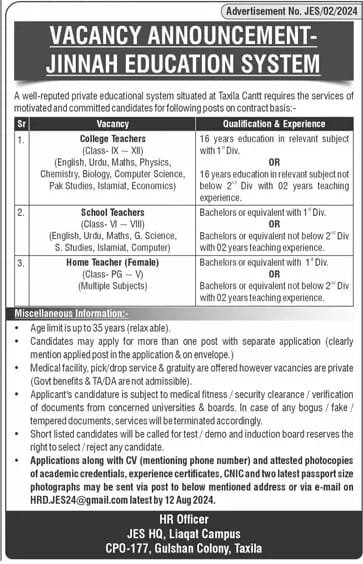 Government Teaching Jobs In Taxila Today 2024 For Teacher