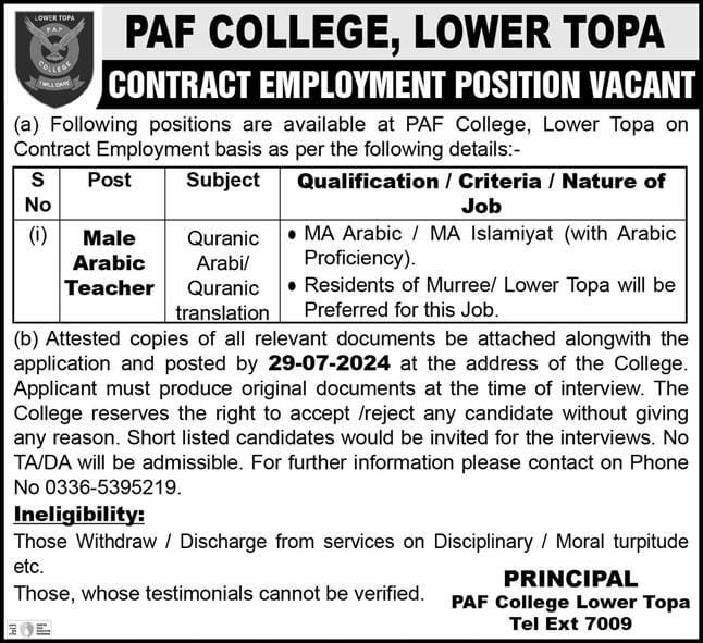 PAF College Lower Topa Jobs July 2024