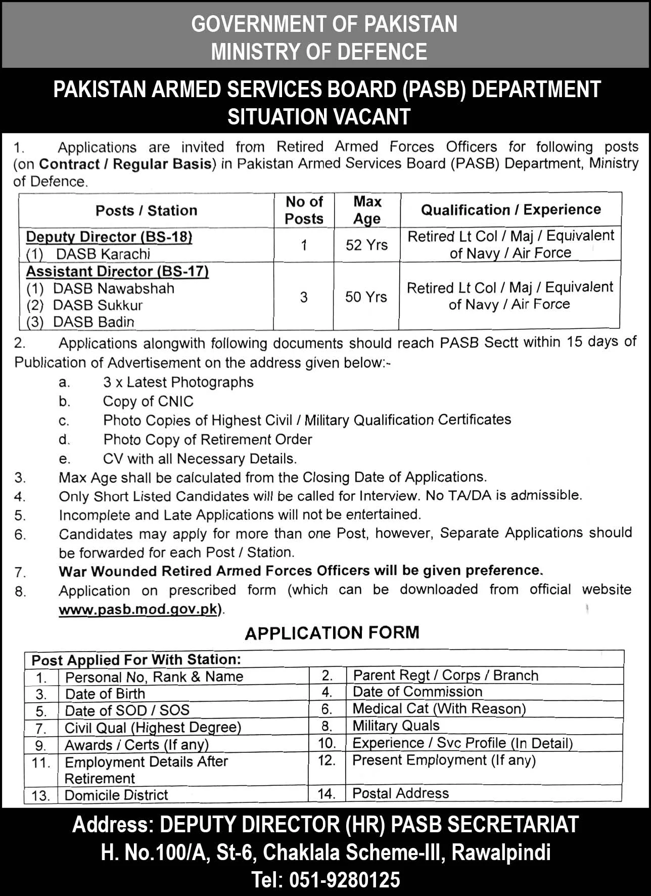 Pakistan Armed Services Board PASB Jobs