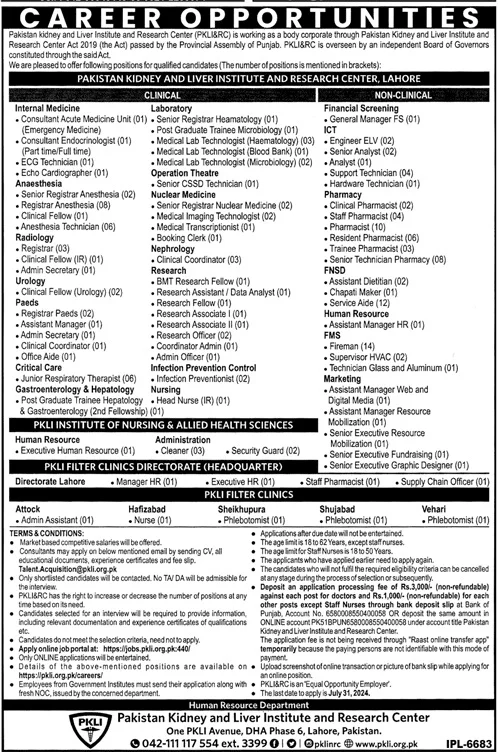 Pakistan Kidney And Liver Institute Research Centre PKLI Jobs