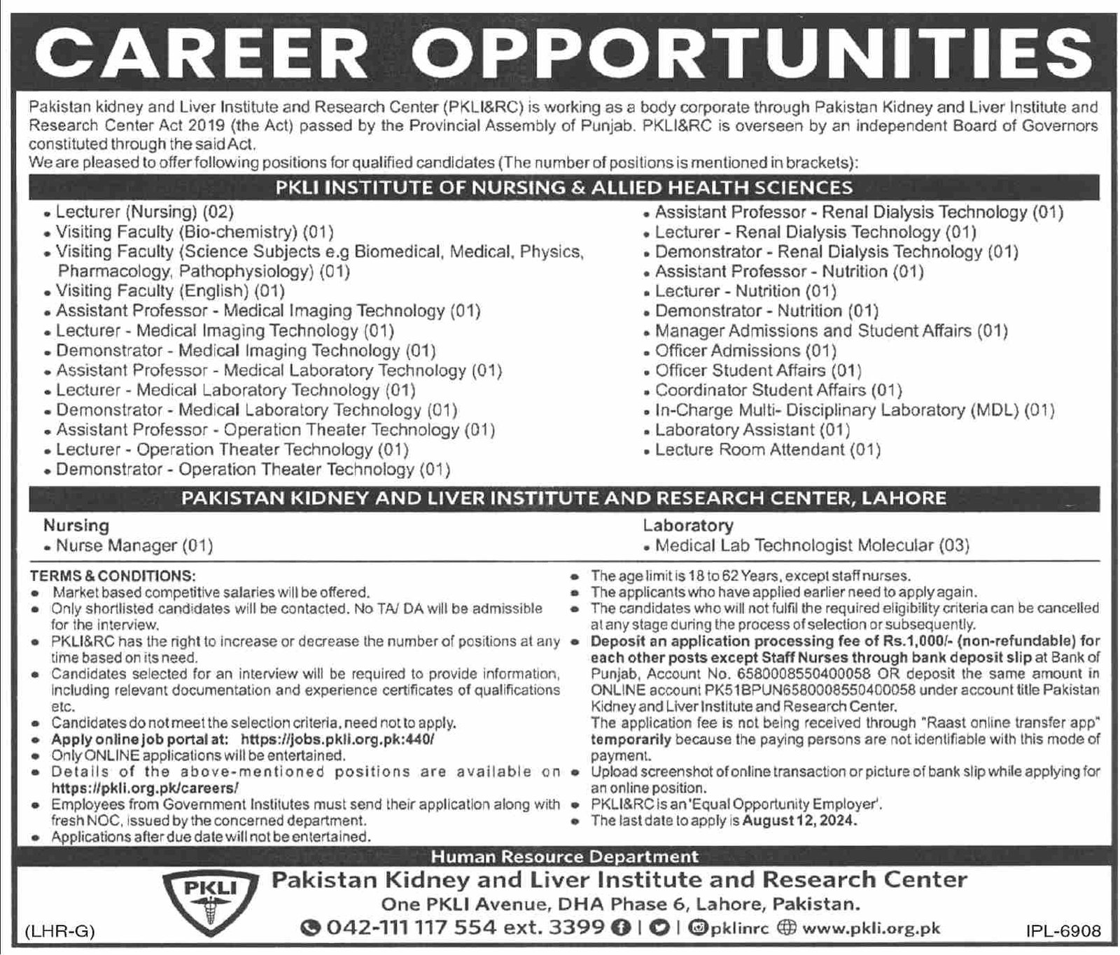 Pakistan Kidney And Liver Institute Research Centre PKLI Jobs
