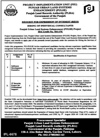 Punjab Land Records Authority PLRA Jobs July 2024