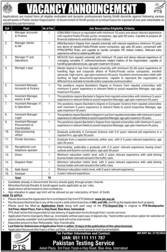 Pakistan Testing Service PTS Jobs Matric Base
