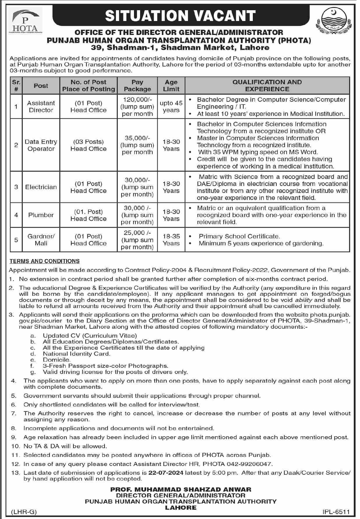 Govt Jobs Lahore Matric Base At Human Organ Transplantation