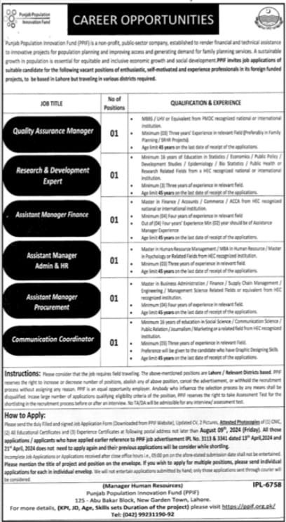 Punjab Population Innovation Fund PPIF Jobs