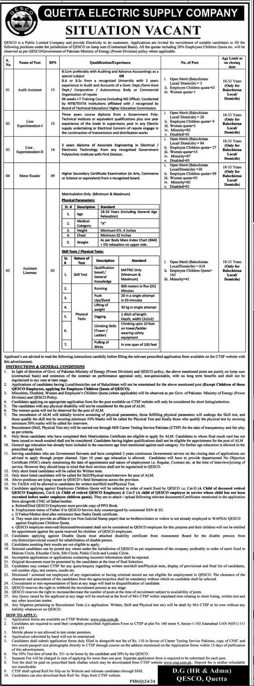 Quetta Electric Supply Company QESCO Jobs July 2024