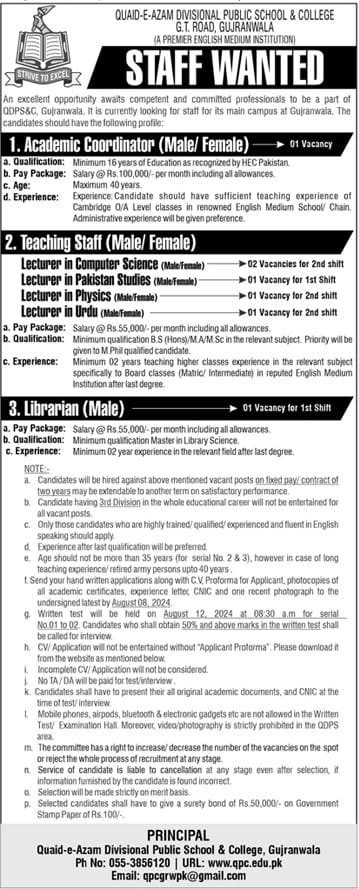 Govt Teaching Jobs In Gujranwala For Lecturer in Urdu