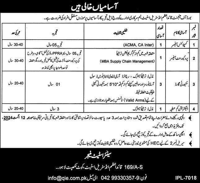 Quaid E Azam Industrial Estate Jobs July 2024