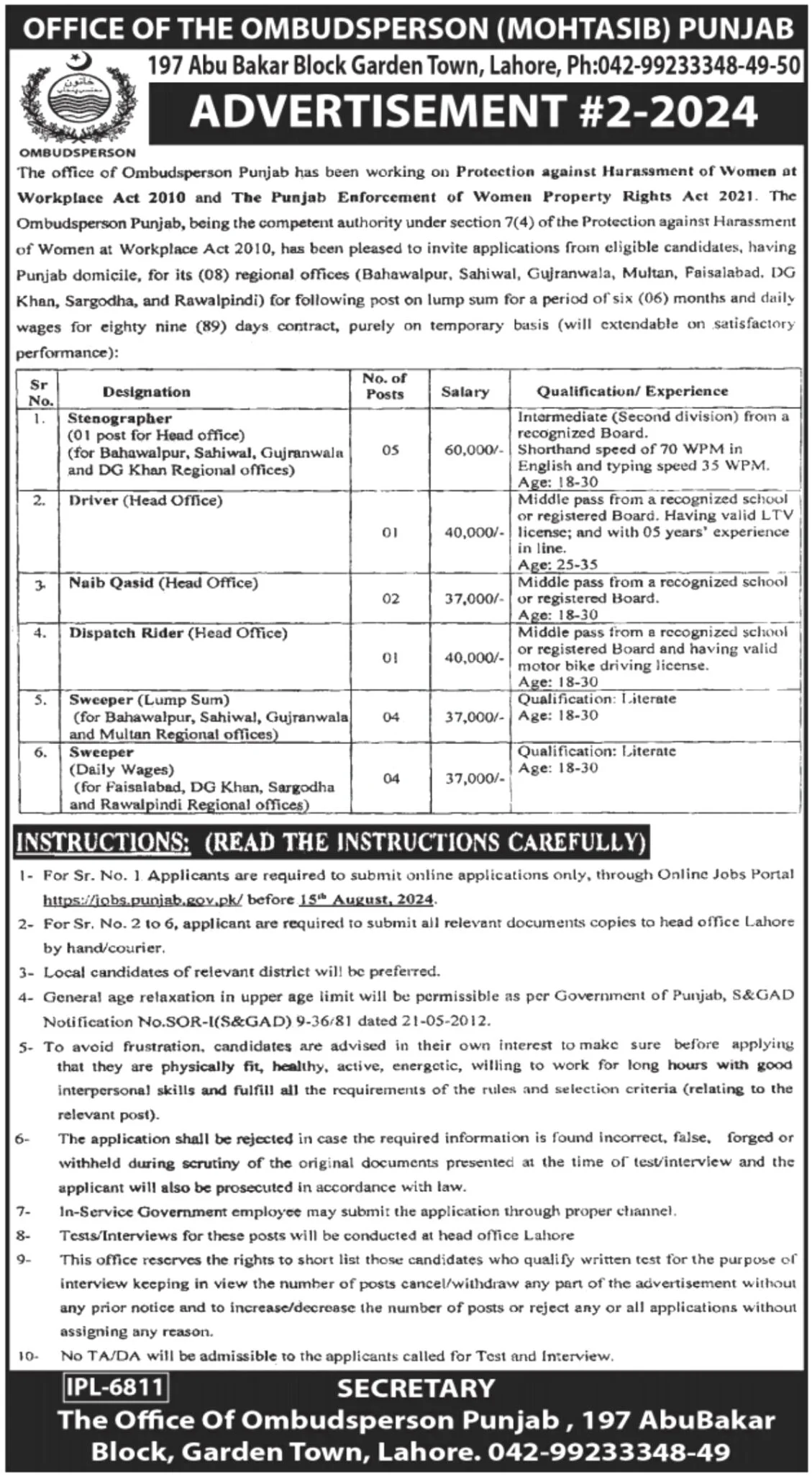 Government Jobs In Lahore Today For Driver