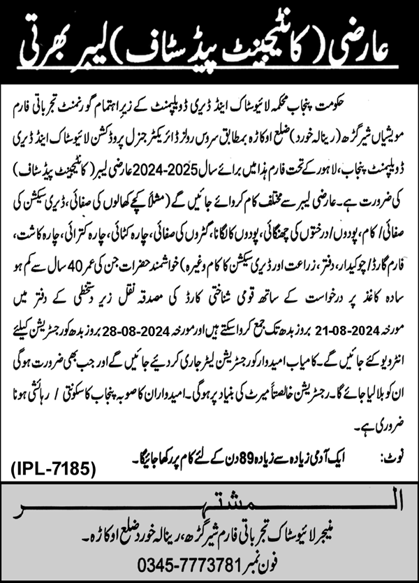 Government Jobs In Okara Today For Labor