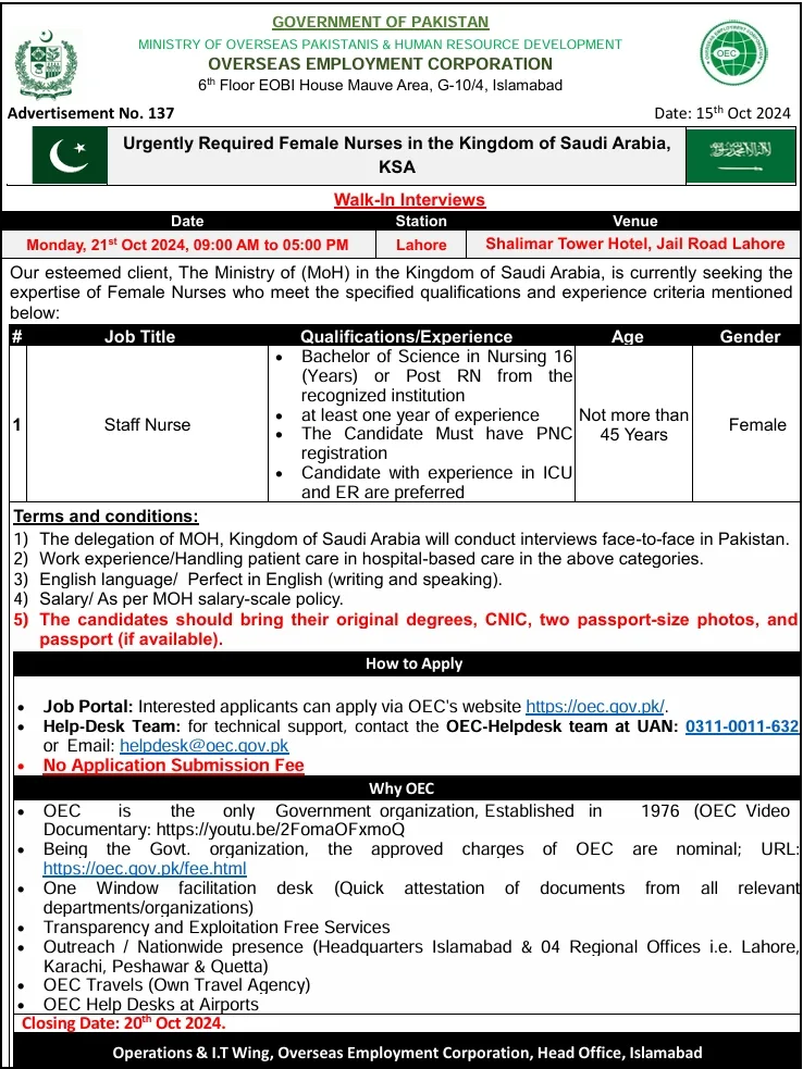 Female Nurses OEC Saudi Arabia Jobs 2024 Online Apply