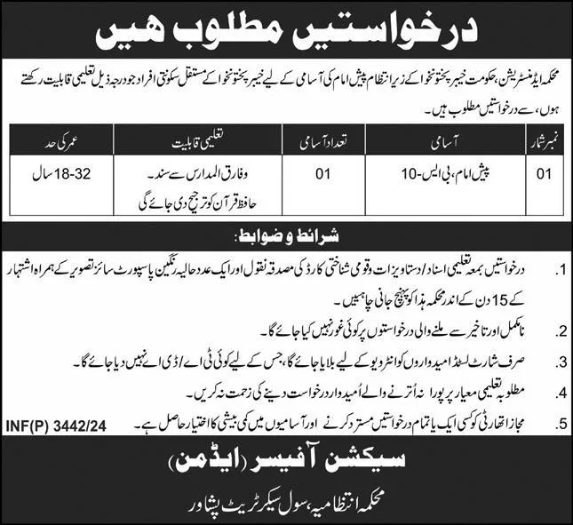 Latest Govt Jobs KPK Today For Pesh Imam