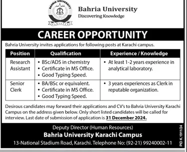 Bahria University Karachi Jobs
