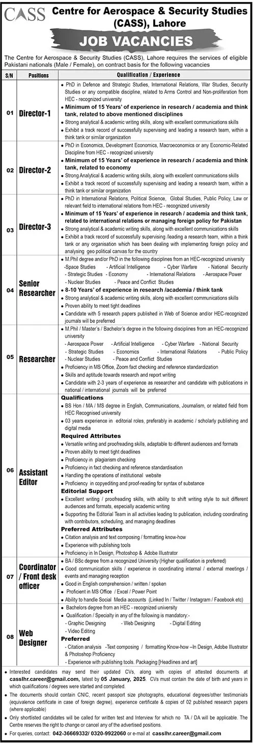 Centre For Aerospace & Security Studies CASS Jobs