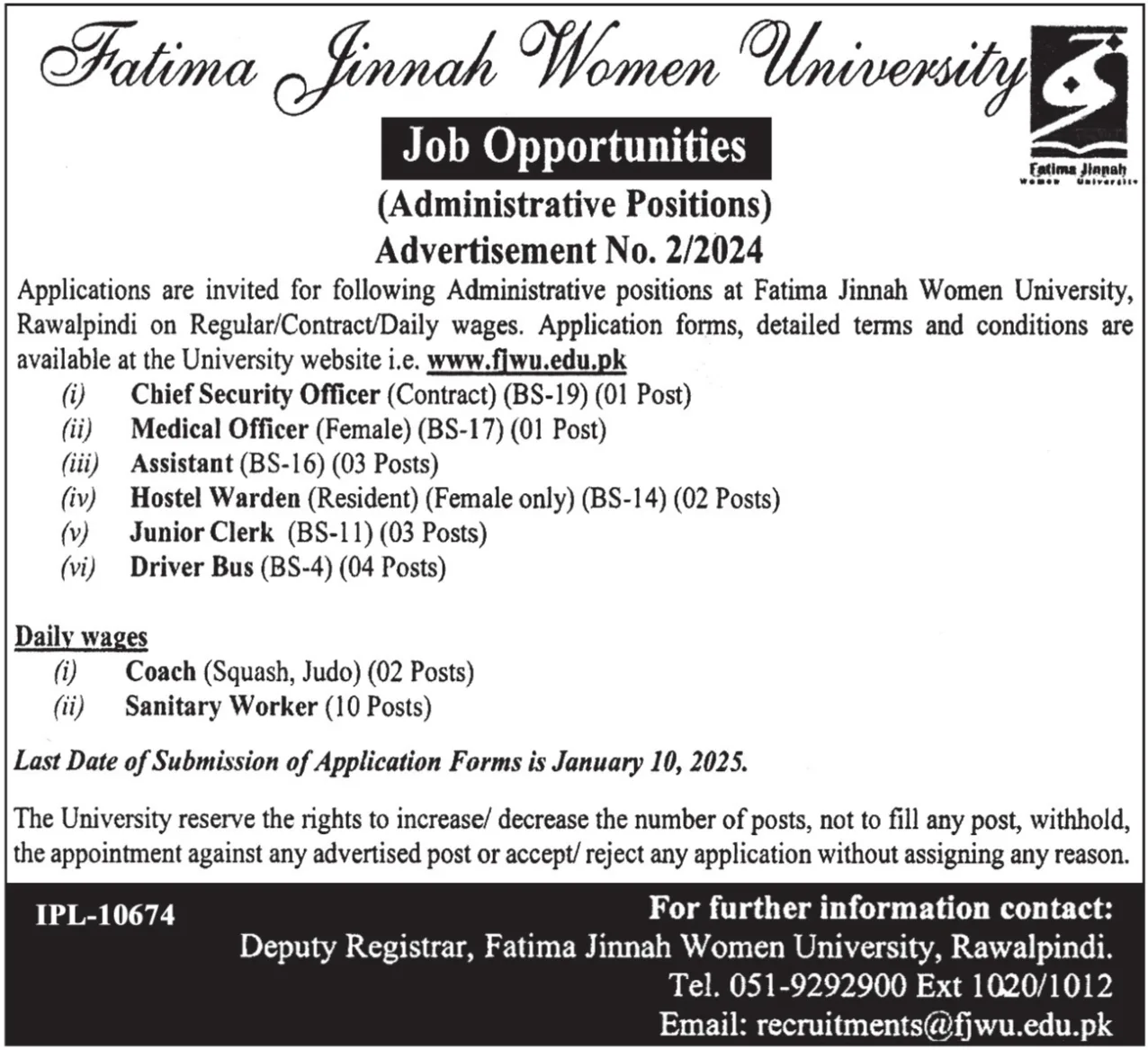 FJWU Fatima Jinnah Women University Jobs