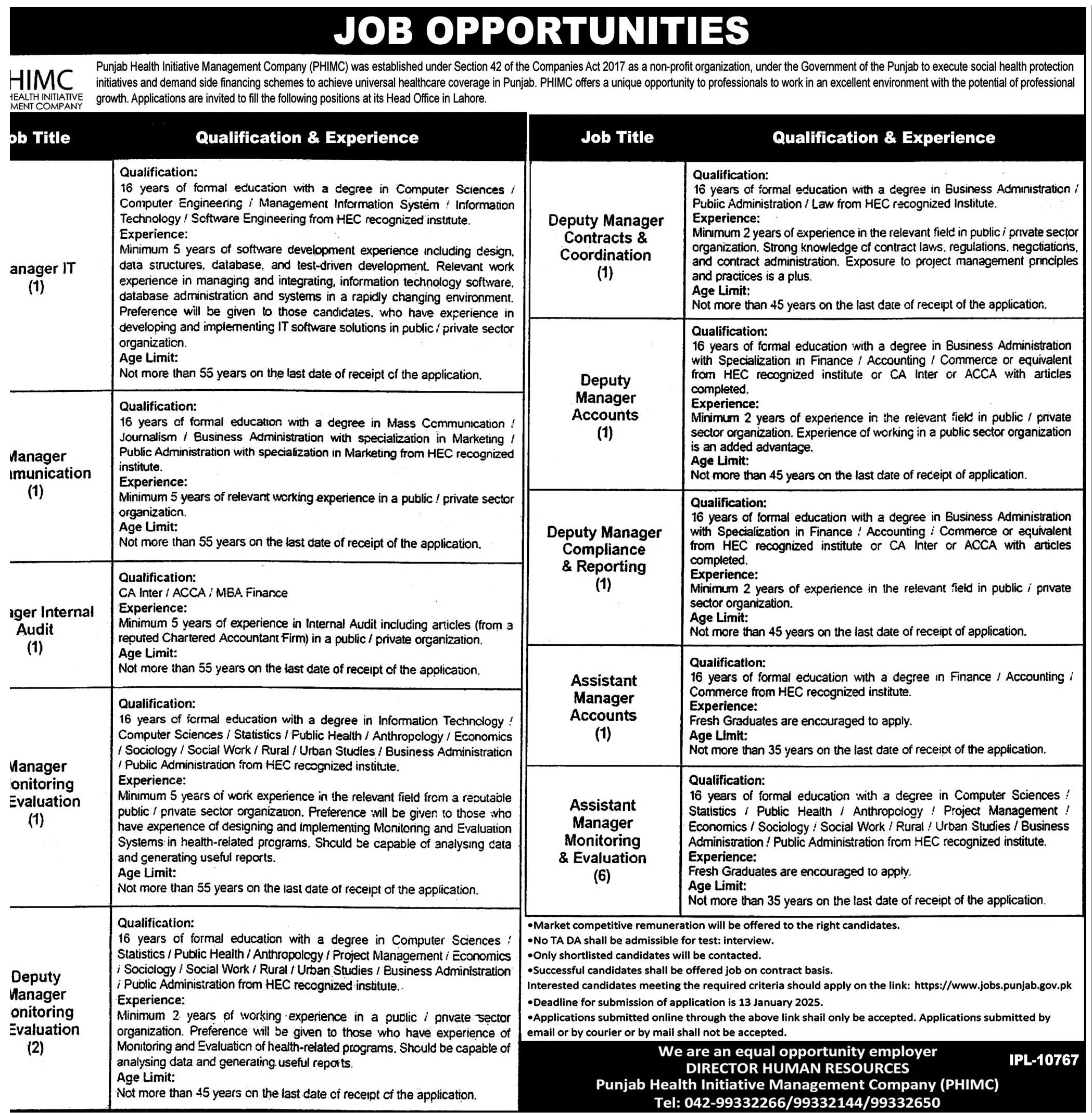 Government Jobs In Lahore Today For Manager IT