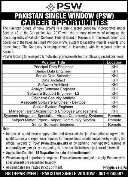 Pakistan Single Window PSW Jobs