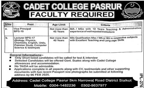 Cadet College Pasrur Jobs