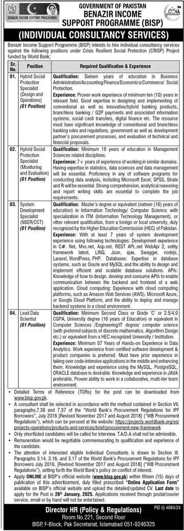 BISP Jobs For Monitoring Evaluation Specialist
