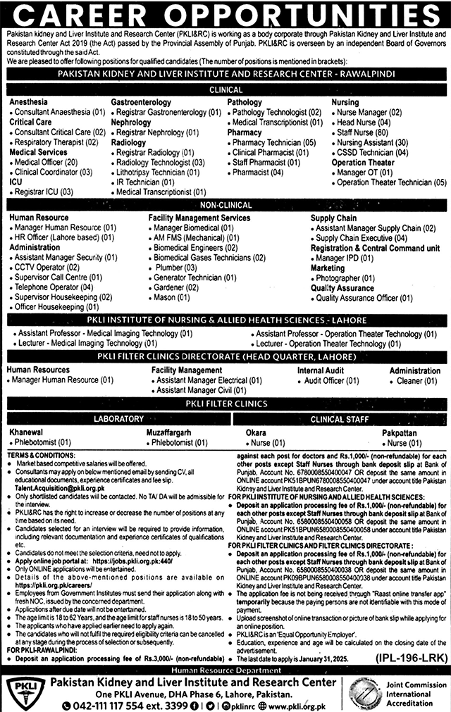 Pakistan Kidney And Liver Institute PKLI Jobs