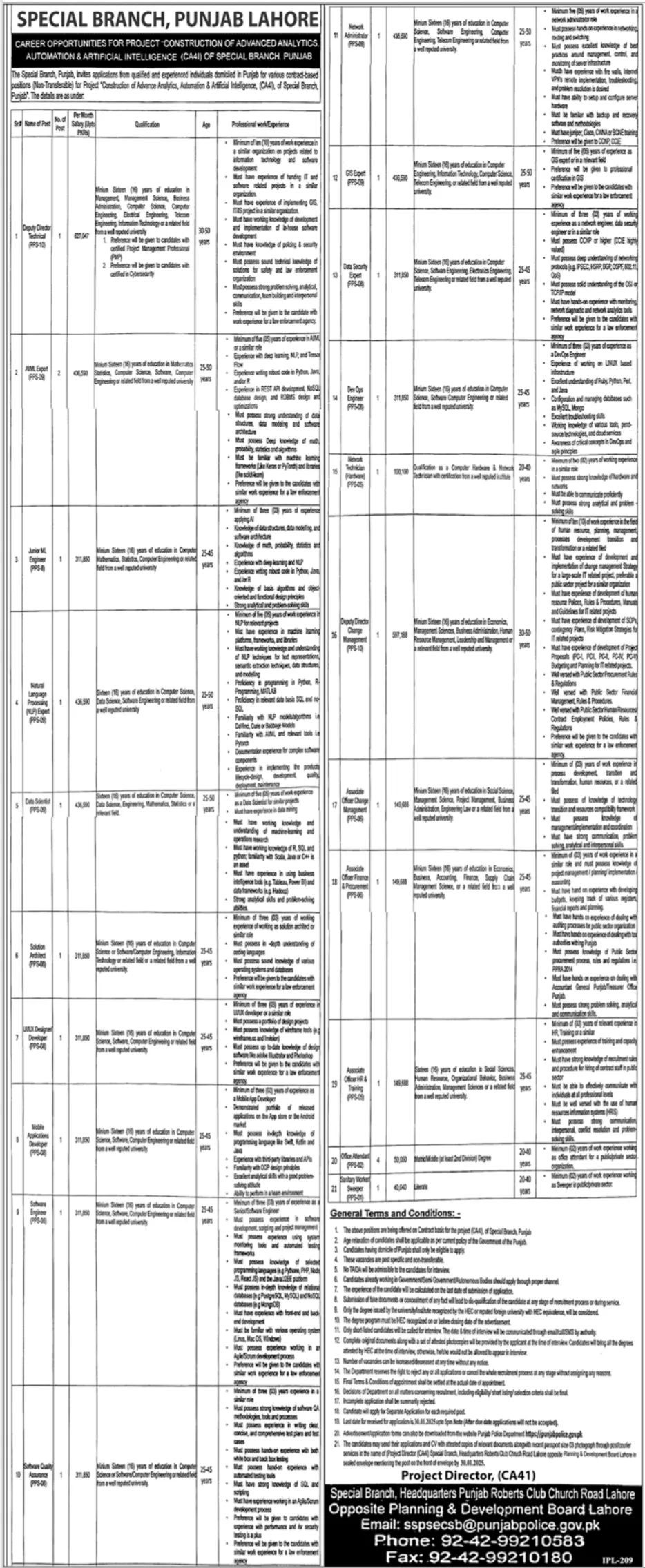 Special Branch Punjab Lahore Jobs
