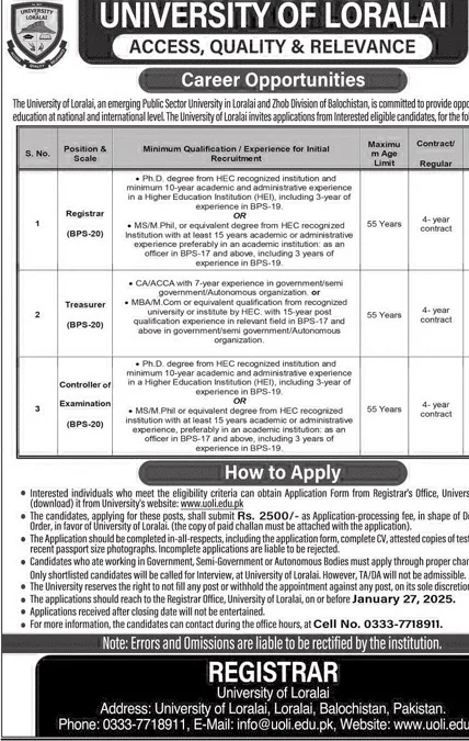 Government Jobs In Loralai Today For Registrar