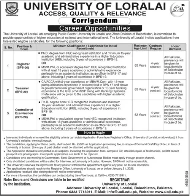 Government Jobs In Loralai Today For Registrar